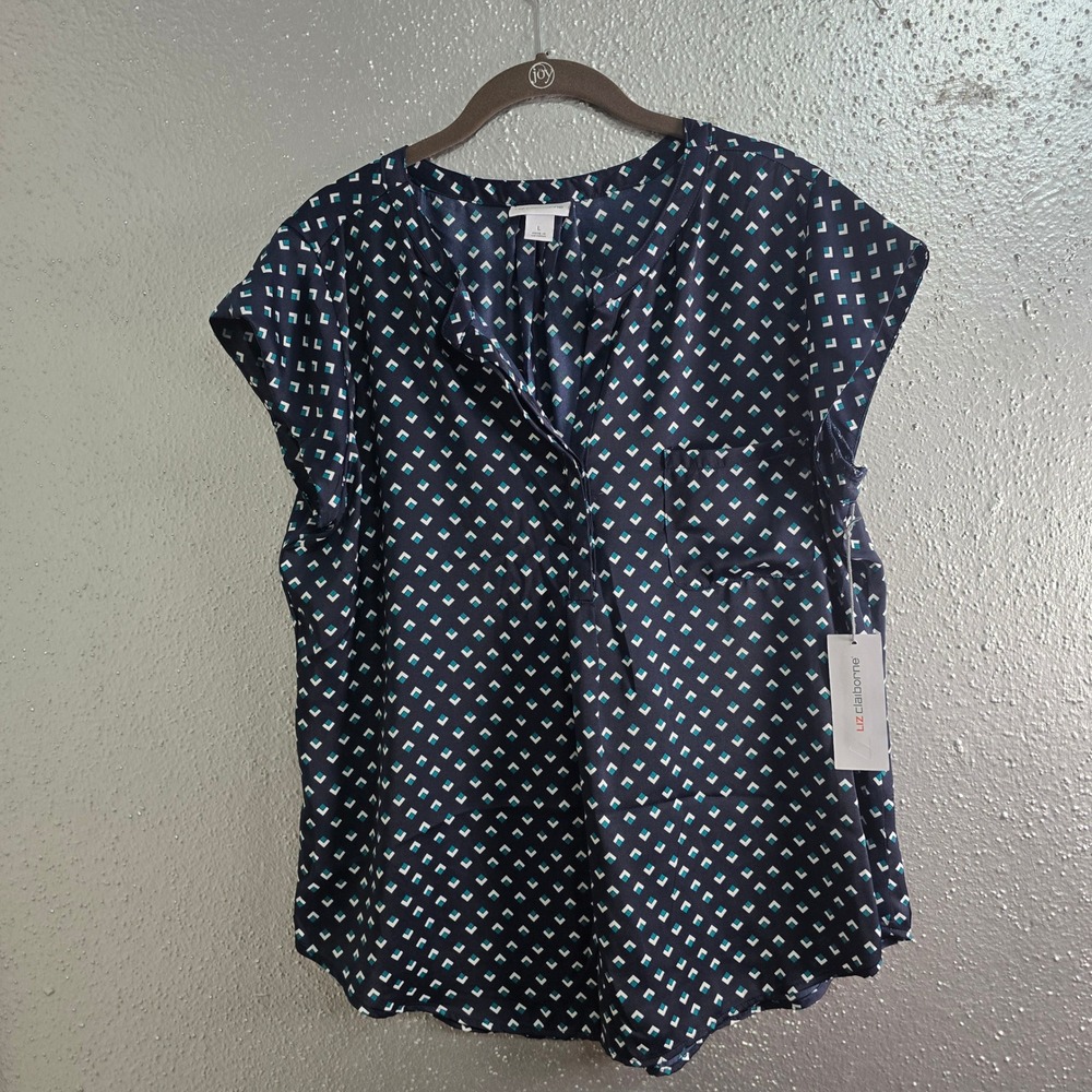 Liz Claiborne Navy Blue Geometric Diamond Print V-Neck Blouse Top Sz L NEW